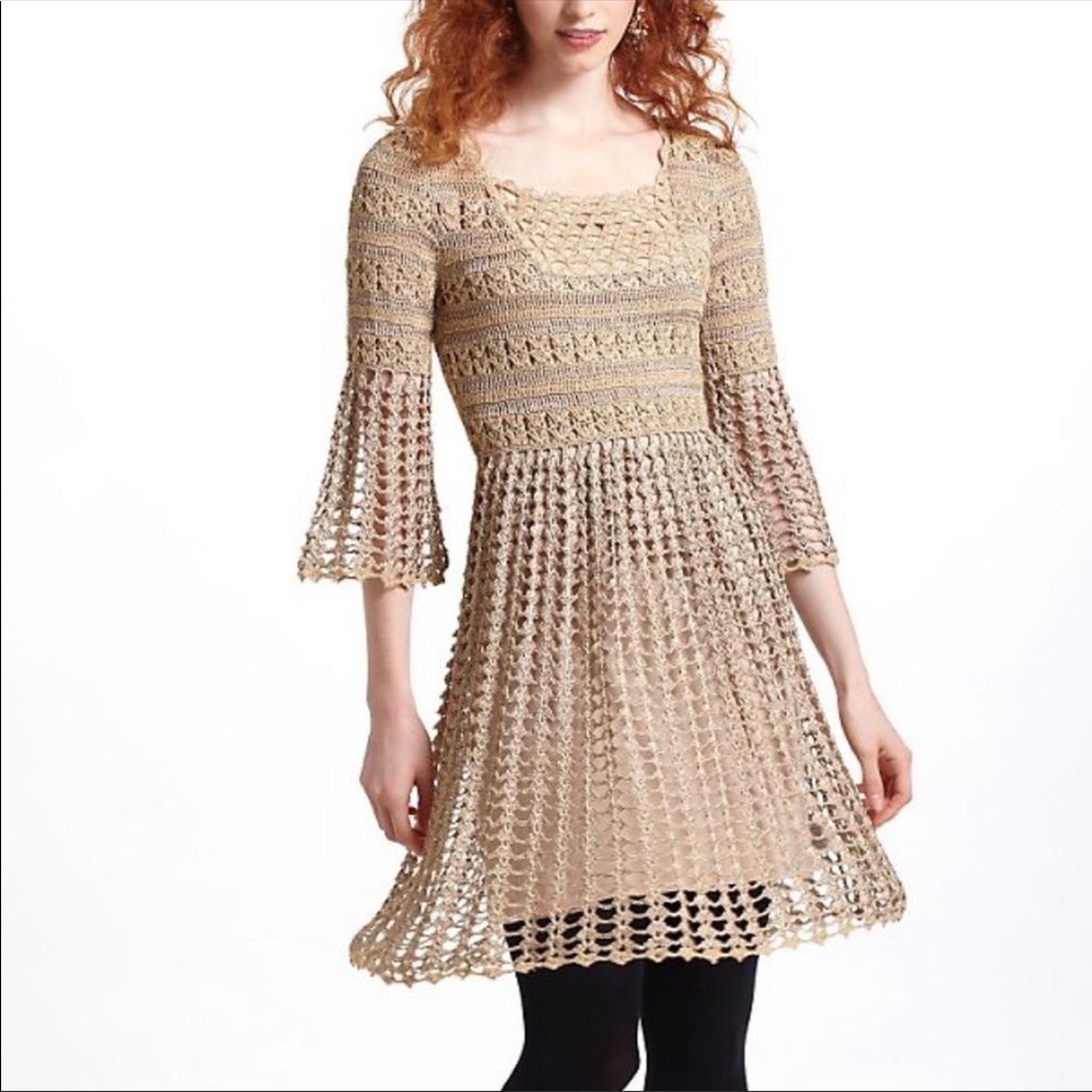 Leifnotes Anthropologie: Gold Taupe Woven Crocheted Dress with Slip